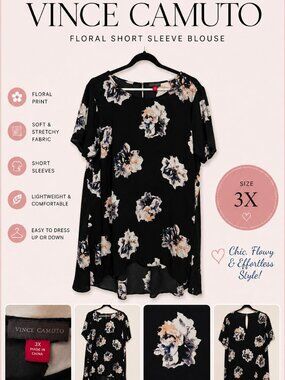Vince Camuto Black Floral Blouse Size 3X | Short Sleeve High-Low Top